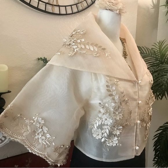 Cream Beige Piña Organza Maria Clara Filipiniana blouse w/ classic embroidery - Picture 14 of 17